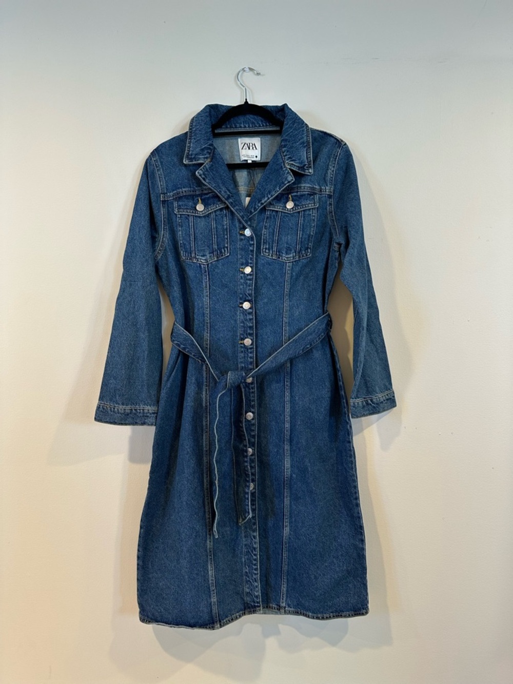 Zara Blue Denim Button-Front Shirt Dress with Waist Tie